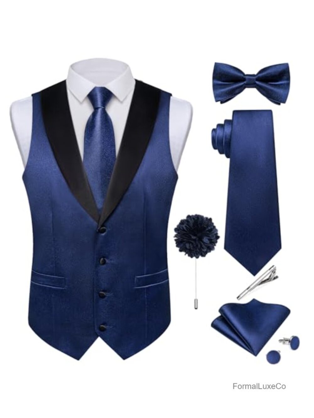 Mens Satin Vest Tie Set 8 Piece Formal Suit Waistcoat Shawl Collar Tuxedo